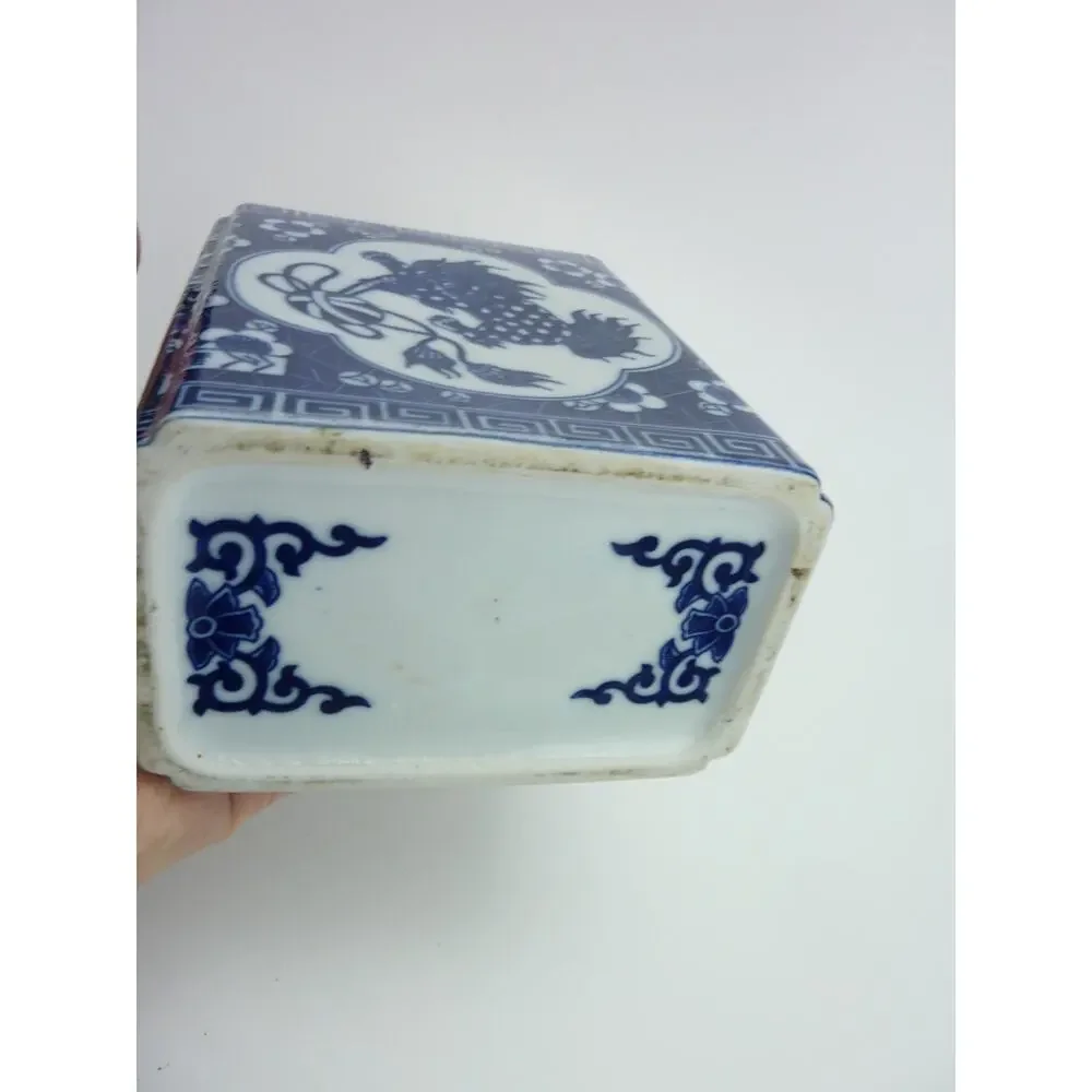 Vintage Chinese Porcelain Pot Foo Dog Lions Blue White Bud Vase Tea Caddy Jar